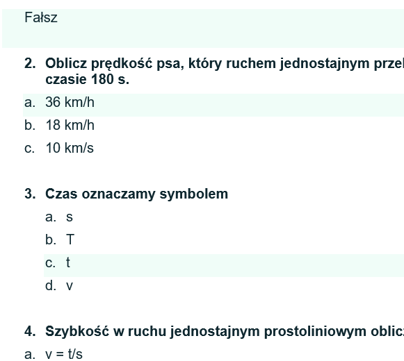 Ruch jednostajny - kartkówka w formie testu.