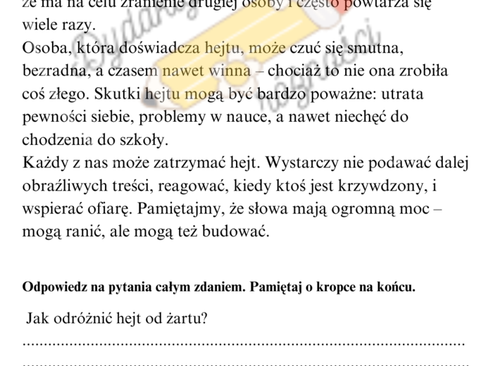 Lekcja wychowawcza - relacje rówieśnicze i hejt - klasa 4-6. Teksty + pytania otwarte.