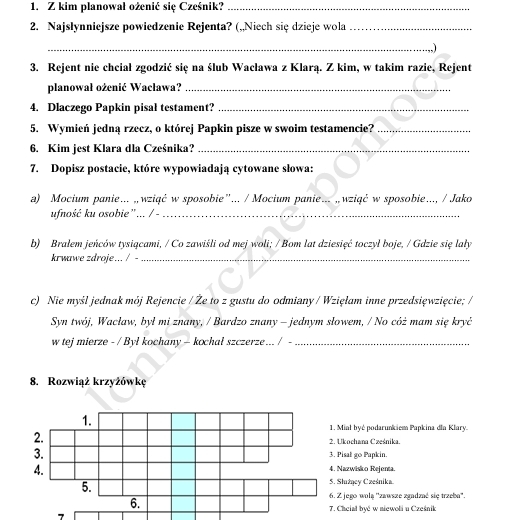 Kartkówka ze znajomości lektury "Zemsta" + odpowiedzi