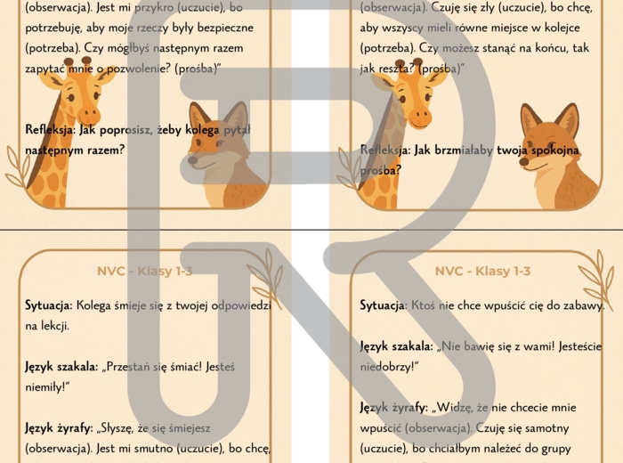 Pakiet Kart edukacyjno-terapeutycznych NVC „Język Żyrafy” – klasy 4–8 oraz 1-3 oraz plakaty Porozumienie bez przemocy DZIEN EMPATII, TUS, ZAJĘCIA ROZWIJAJĄCE KOMPETENCJE EMOCJONALNO- SPOŁECZNE, PEDAGOG, PSYCHOLOG, PROFILAKTYKA PRZEMOCY RÓWIEŚNICZEJ