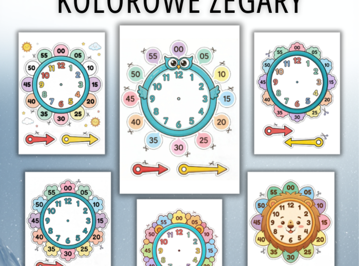 Kolorowe zegary NAUKA ODCZYTYWANIA GODZIN 6 szablonów ruchome wskazówki gotowy pdf do druku