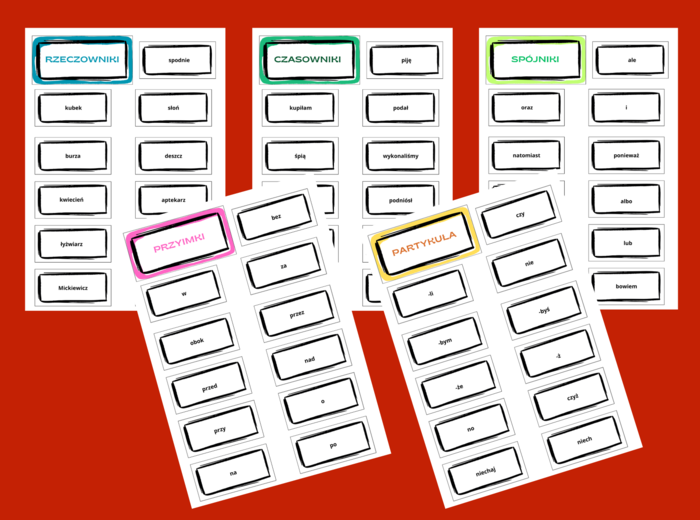 CZĘŚCI MOWY - fiszki - 11 stron - kl. 4- 8