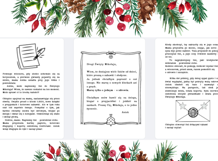 Świąteczna bajka terapeutyczna z morałem "List do Świętego Mikołaja", 9 stron do kolorowania, rewalidacja.