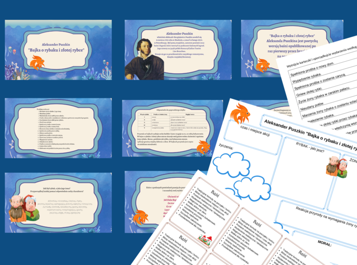 "BAJKA O RYBAKU I ZŁOTEJ RYBCE" – prezentacja + 2 karty pracy + wklejka – BAŚŃ
