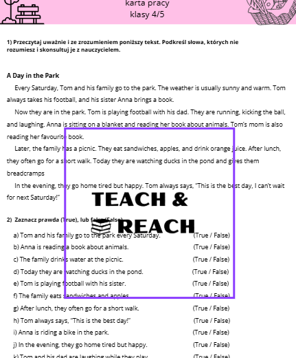 Reading with understanding czytanie ze zrozumieniem karta pracy 4/5 klasa present simple continous