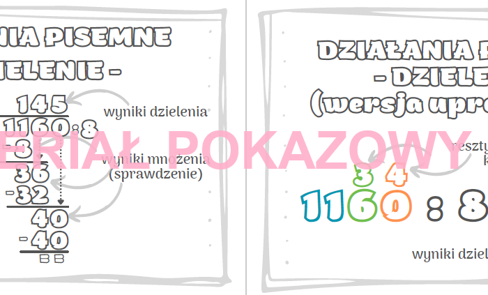 Działania pisemne - plansza, notatka kl. 4, 5, 6