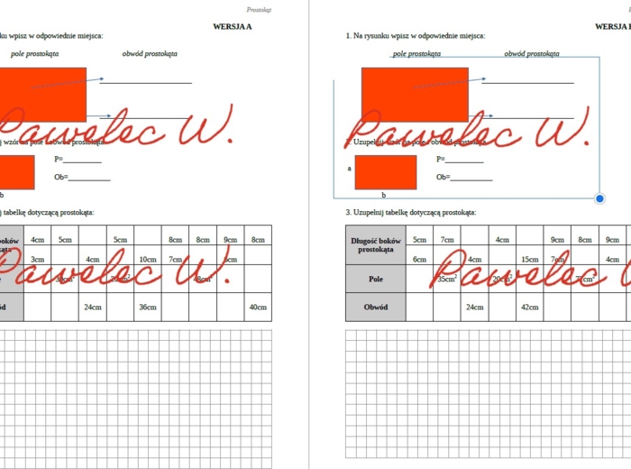 POLE I OBWÓD PROSTOKATA - sprawdzian, kartkówka, karta pracy dwie wersje/grupy, kl. 4 + odpowiedzi