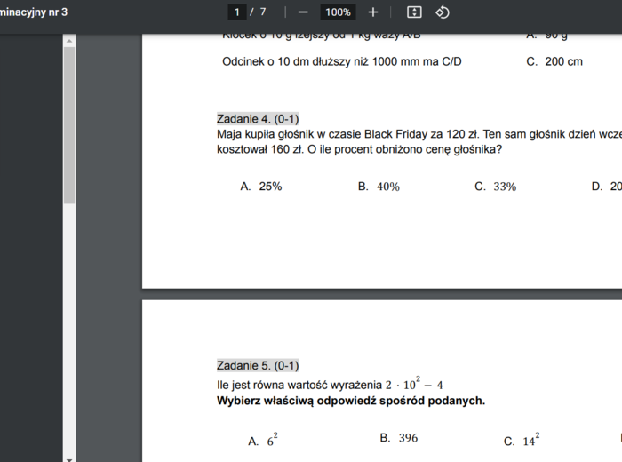 Egzamin ósmoklasisty z matematyki – arkusz nr 3 dla klasy 7