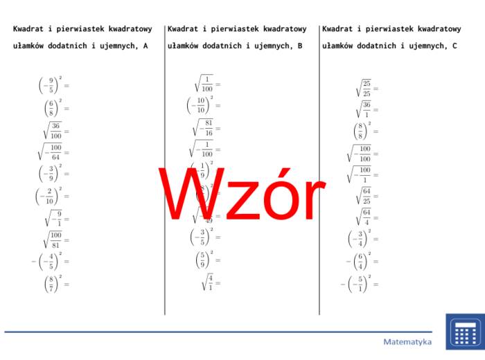 Kwadrat i pierwiastek kwadratowy ułamków dodatnich i ujemnych | matematyka | 26 kolumn