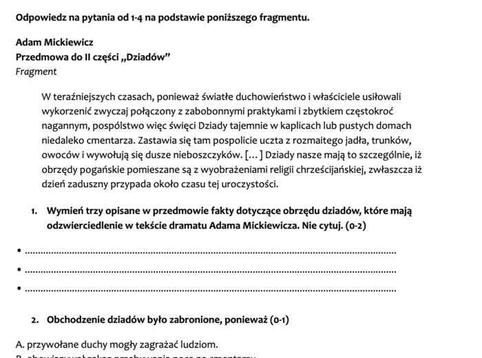 "Dziady" cz. II - sprawdzian wiedzy i umiejętności (po omówieniu lektury)