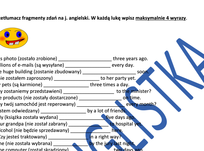Strona bierna - egzamin ósmoklasisty - tłumaczenie fragmentów zdań i układanie zdań z podanych elementów+ KLUCZ