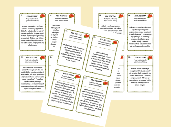 BOHATERKI LEKTUR 7-8 - KIM JESTEM? fiszki - 24 szt. - Dzień Kobiet - egzamin - powtórka + odpowiedzi