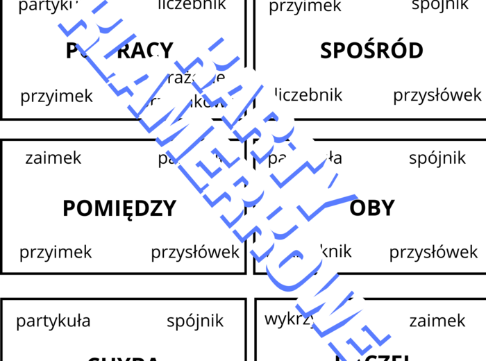 Karty - trudniejsze części mowy (zabawa z klamerkami)