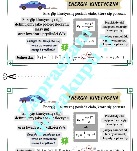 Energia kinetyczna - wklejka do zeszytu.