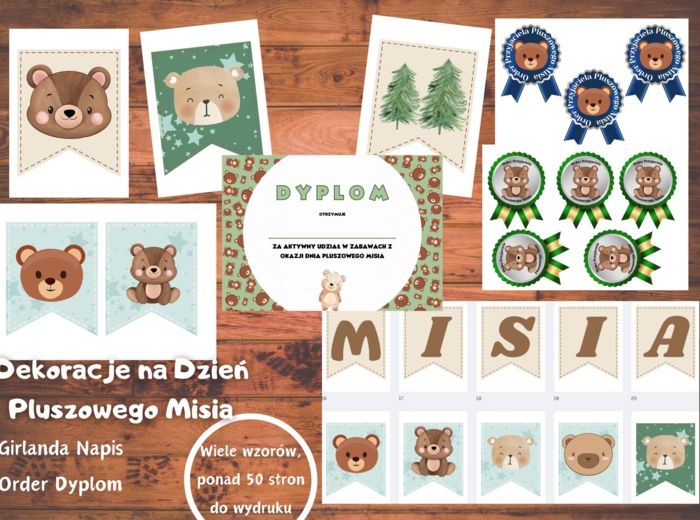 Pakiet dekoracji na Dzień Pluszowego Misia (napis, girlanda, dyplom, order)