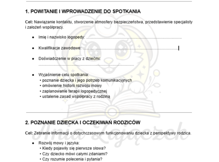 Karta rozmowy z rodzicami na pierwsze spotkanie logopedy WWR Wczesne Wspomaganie Rozwoju Logopeda