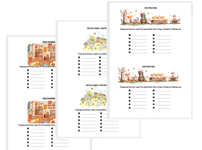 Rzeczownik, przymiotnik, przysłówek i przyimek - zestaw 3 kart pracy