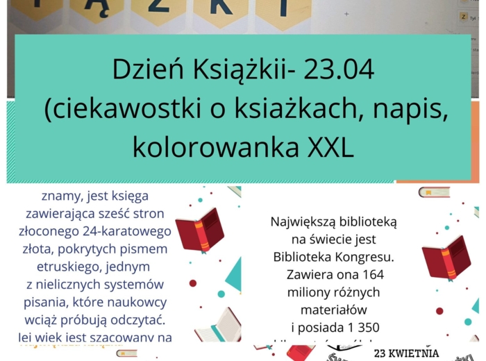 Pakiet na Dzień Książki (ciekawostki, kolorowanka XXL, A4, napis, plakaty)