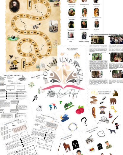 Zestaw karty pracy + gra planszowa (+odpowiedzi) twórczość Adama Mickiewicza egzamin ósmoklasisty: "Dziady cz. II", "Świtezianka", "Reduta Ordona", "Śmierć Pułkownika" "Pan Tadeusz"