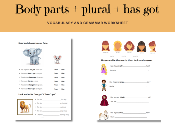 Karta Pracy, Części ciała, Body Parts, Liczba mnoga i Zaimki He/ She oraz zworty has got/ hasn't got/ Has ... got ?