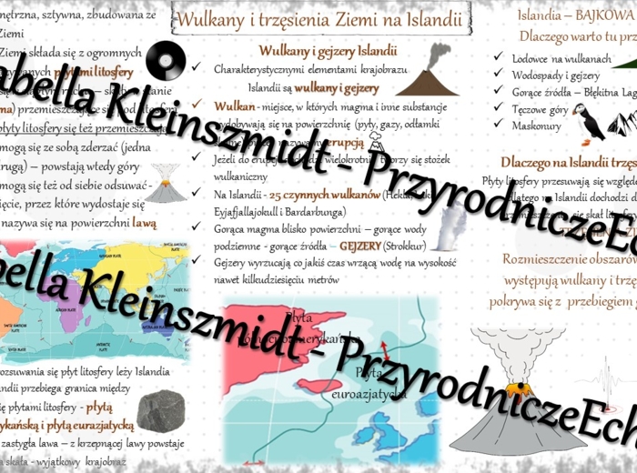Sketchnotka - notatka „Wulkany i trzęsienia ziemi na Islandii” wykonana w power point do edycji. Geografia 6; „Środowisko przyrodnicze i ludność Europy”