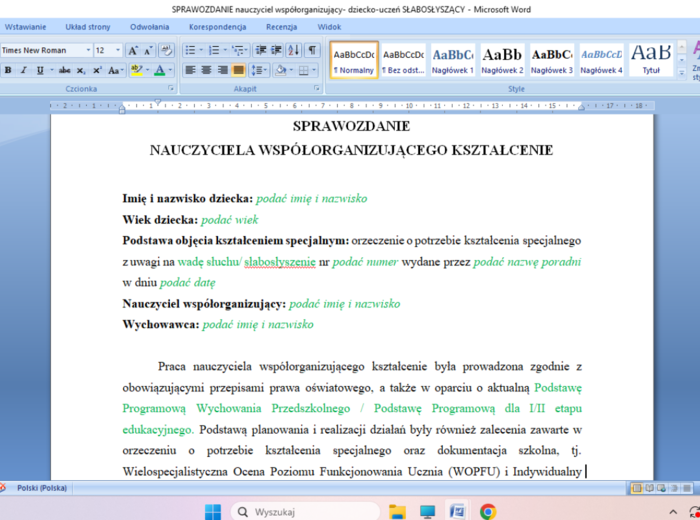 Sprawozda nienauczyciela WSPÓŁORGANIZUJĄCEGO dla ucznia z wadą słuchu/ słabosłyszenienim