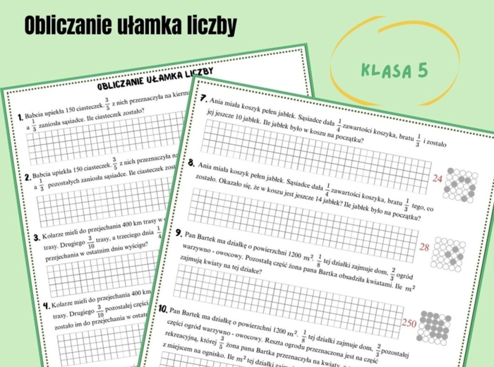 Obliczanie ułamka liczby, czytanie ze zrozumieniem, karta pracy, kodowanie, klasa 5