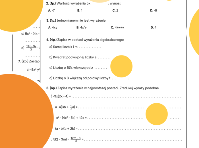 Sprawdzian. Wyrażenia algebraiczne. Klasa 7