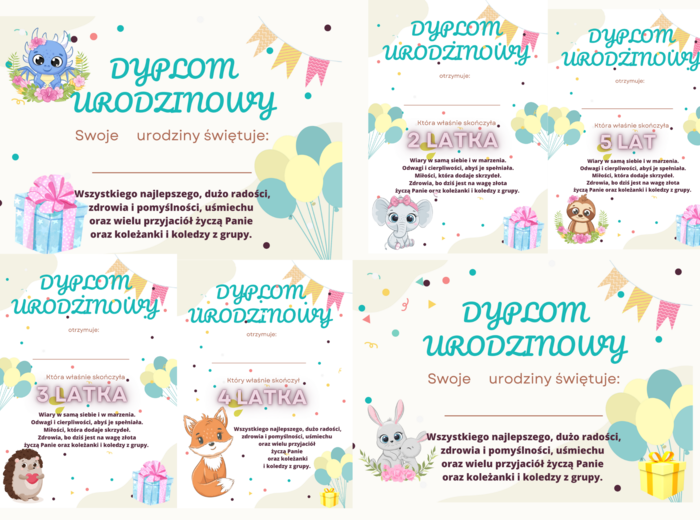 min 25 sztuk słodkich dyplomów urodzinowych - do samodzielnego uzupełnienia PDF