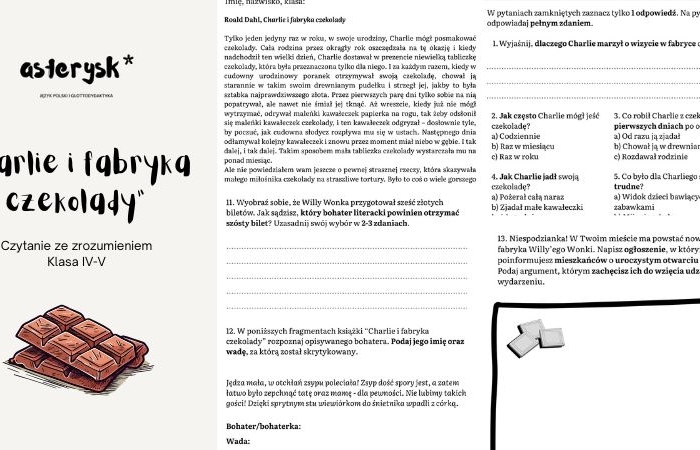 Roald Dahl "Charlie i fabryka czekolady" - czytanie ze zrozumieniem - klasa IV, V