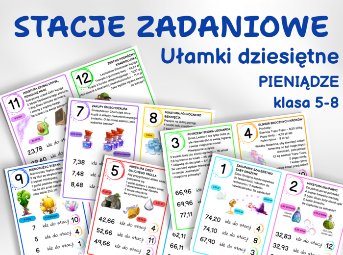 STACJE ZADANIOWE – Sklep Czarodzieja, ułamki dziesiętne, klasa 5, 6, 7, 8, zakupy, pieniądze, koniec roku
