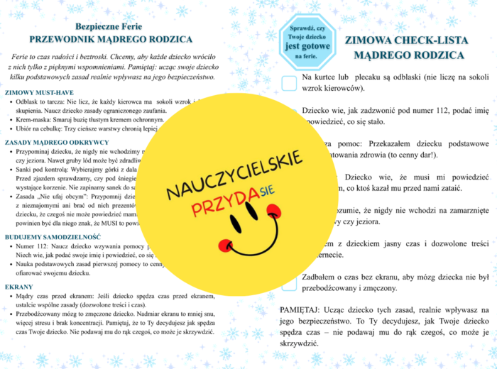 Bezpieczne ferie zimowe: gazetka, opowiadanie, ulotki dla rodziców, quiz dla dzieci, kolorowanka, książeczka, kolorowanka XXL, przedszkole i szkoła