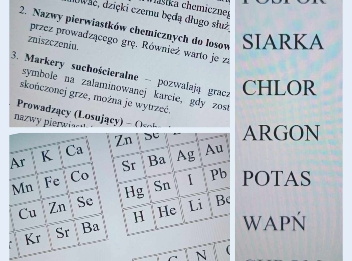 PIERWIASTKI CHEMICZNE gra BINGO