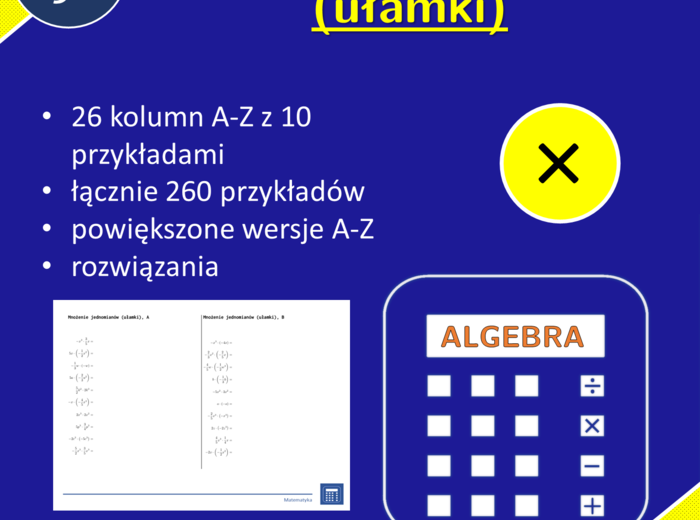 Mnożenie jednomianów (ułamki) | matematyka, algebra | 26 kolumn