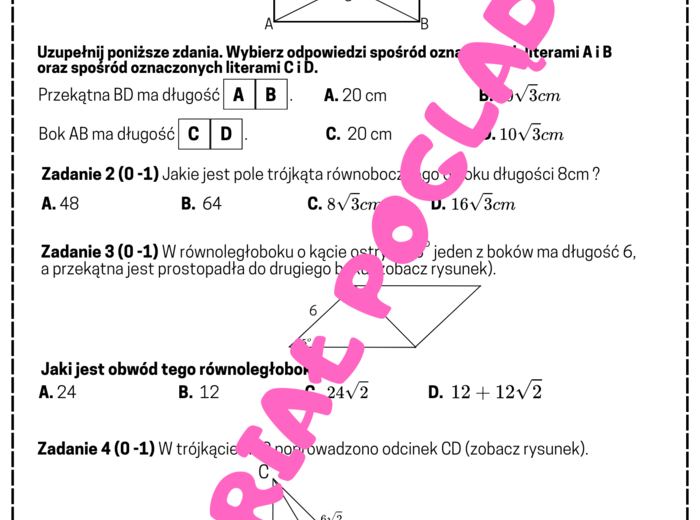 PAKIET Geometria - egzamin ósmoklasisty. Kąty, pola, twierdzenie Pitagorasa, trójkąty 30,60,60 i 45,45,90. Klasa 8. Klasa 7