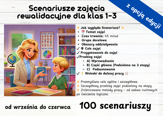 REWALIDACJA Scenariusz Klasa 1 Klasa 2 Klasa 3 100 Scenariuszy Zajęć Rewalidacyjnych dla klas 1-3 – 288 stron inspiracji