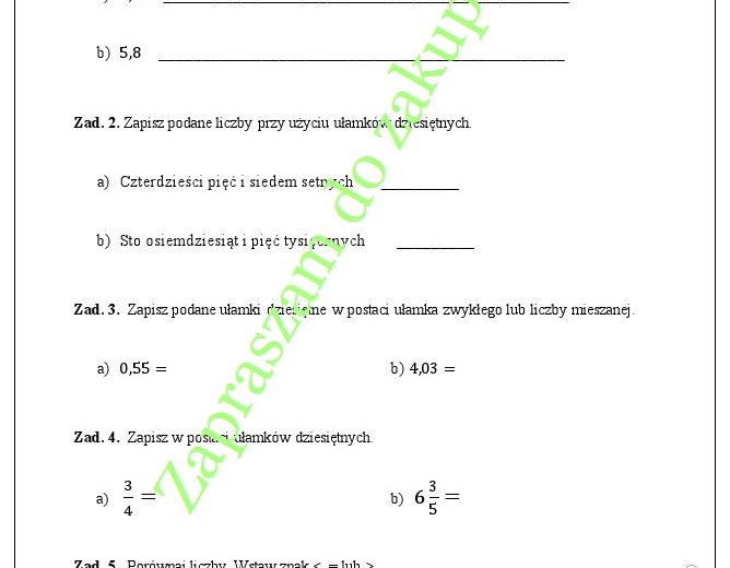 Zapisywanie, zamiana i porównywanie ułamków dziesiętnych - szybka kartkówka, karta pracy.