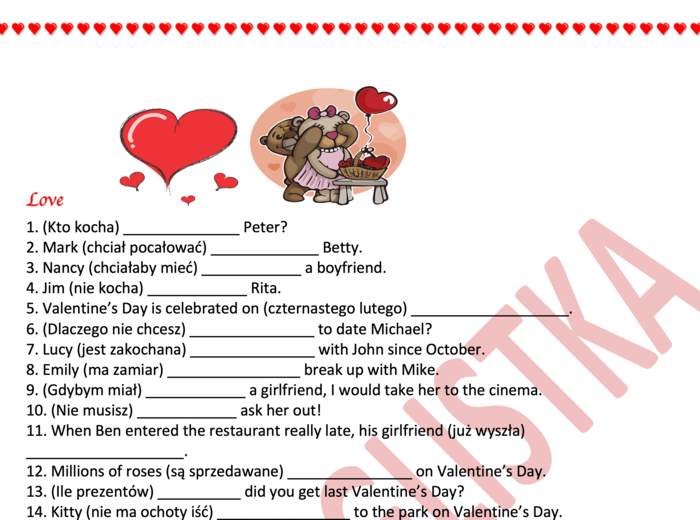 Love - Tłumaczenie 40 fragmentów zdań dla ósmoklasistów i nie tylko+ klucz