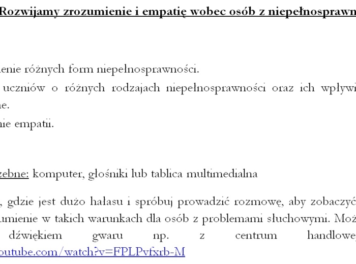 Konspekt zajęć. Dzień osób z niepełnosprawnością. Rewalidacja. Godzina wychowawcza. Pedagog specjalny.