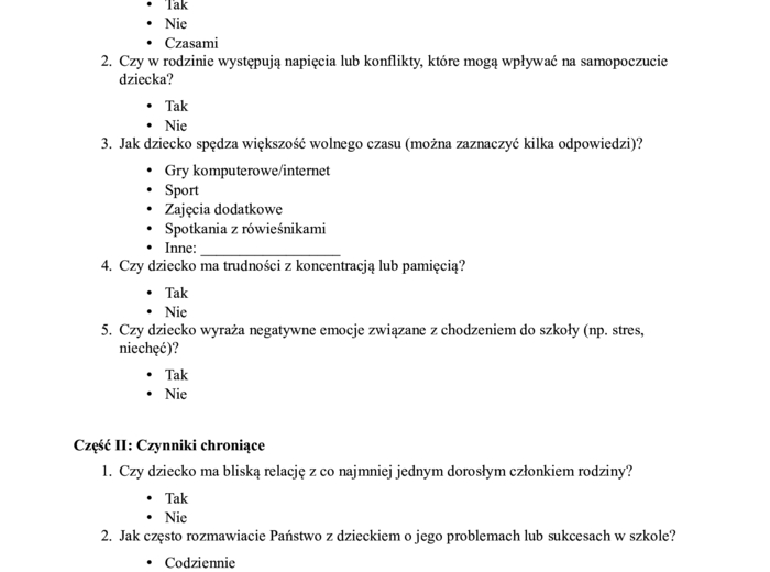 Czynniki ryzyka i czynniki chroniące z interpretacją i działaniami po diagnozie