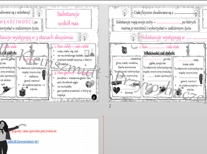 Minizestaw na jedną lekcję „Substancje wokół nas” – sketchnotka + karta pracy w power point + gratisowy link do prezentacji multimedialnej niekomercyjnej wykonanej w genial.ly do indywidualnego pobrania i użycia do celów niekomercyjnych. Przyroda 4, dzia