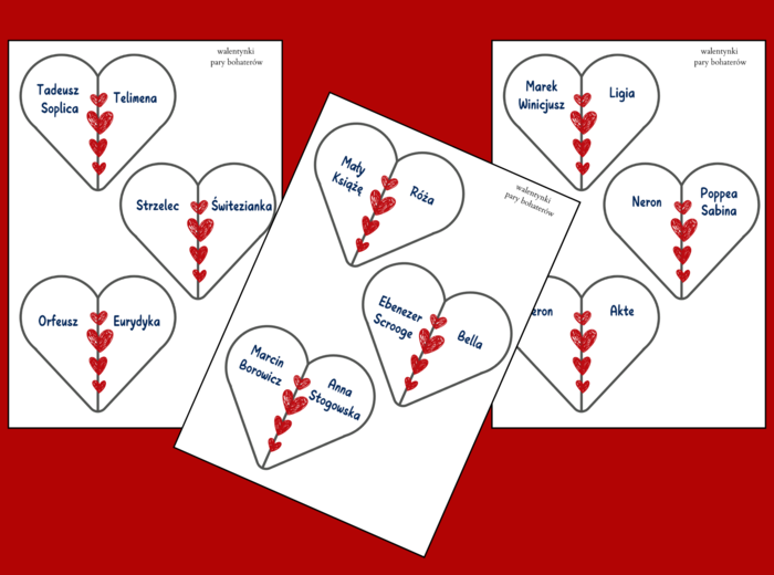 PARY BOHATERÓW - WALENTYNKI - miłość - fiszki - 24 szt. - lektury 4-8 - powtórka