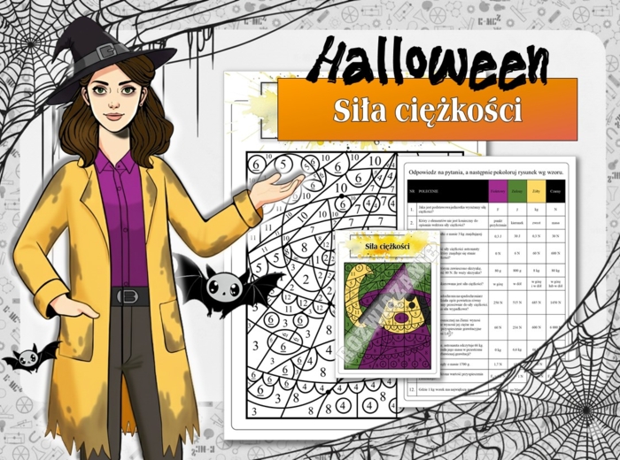 Klasa 7. Fizyka. Kolorowanka naukowa na temat siły ciężkości w klimacie Halloween.