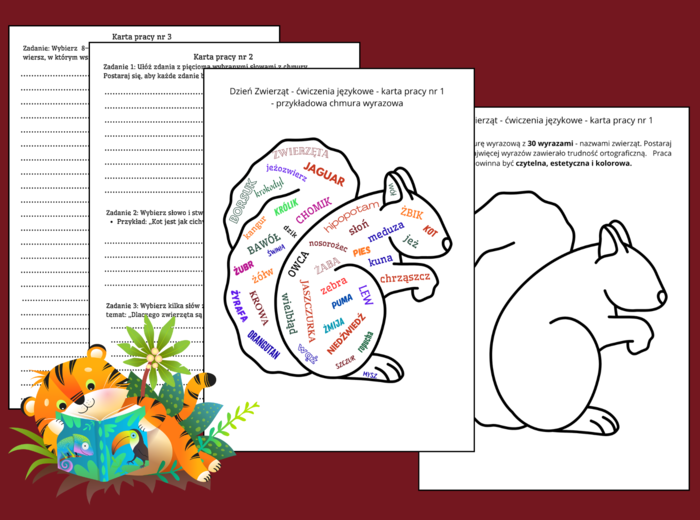 🐹 🐰 Dzień Zwierząt – ĆWICZENIA ORTOGRAFICZNE I REDAKCYJNE ✍️ – Chmura wyrazowa o zwierzętach – kreatywne zadania językowe dla uczniów – karty pracy – klasy 4-8 – JESIEŃ – wiosna – ortografia