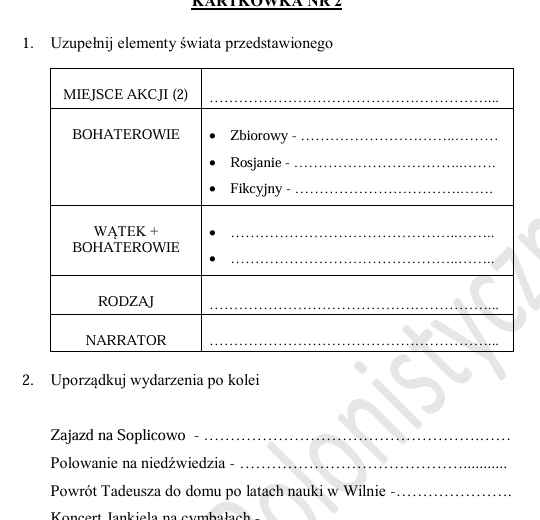 Sprawdzian. Kartkówki "Pan Tadeusz"