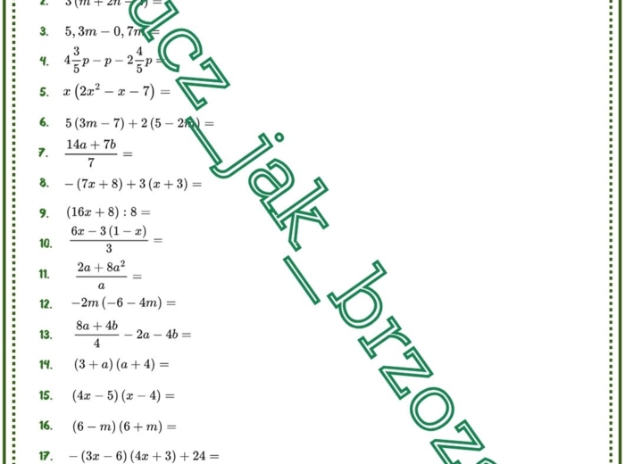 Wyrażenia algebraiczne, upraszczanie, obliczanie wartości liczbowej, klasa 7, karta pracy z hasłem