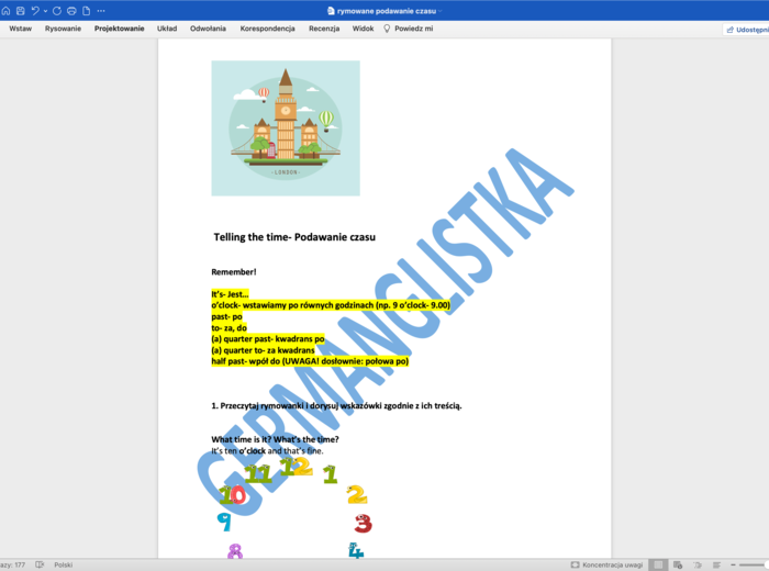 Podawanie czasu w j. angielskim- rymowanka i ćwiczenia- 6 stron