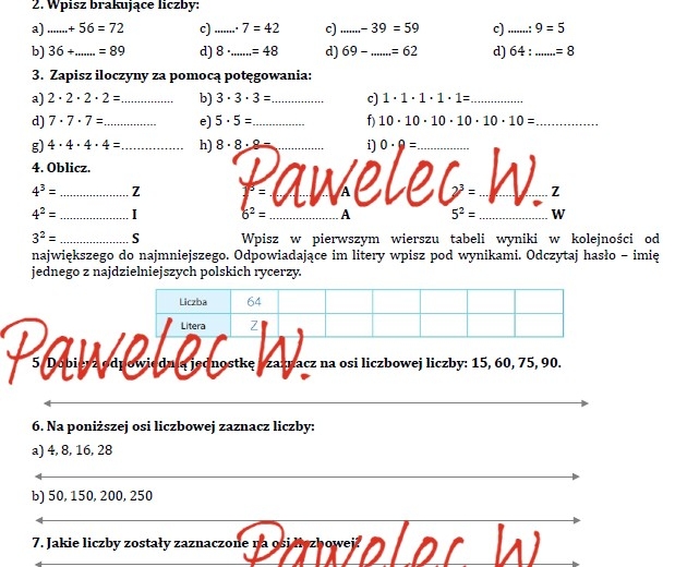 Kolejność wykonywania działań, potęgowanie, dzielenie z resztą, oś liczbowa - sprawdzian, kartkówka, karta pracy kl 5