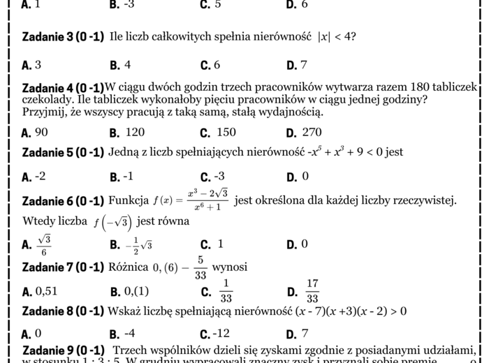 Mini matura. Matematyka. Zadania różne.