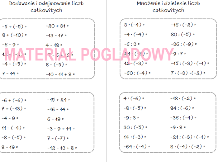 Szybkie karteczki – dodawanie, odejmowanie, mnożenie, dzielenie liczb całkowitych, działania na liczbach wymiernych (karta pracy, kartkówka kl 4, 5, 6, 7, 8)